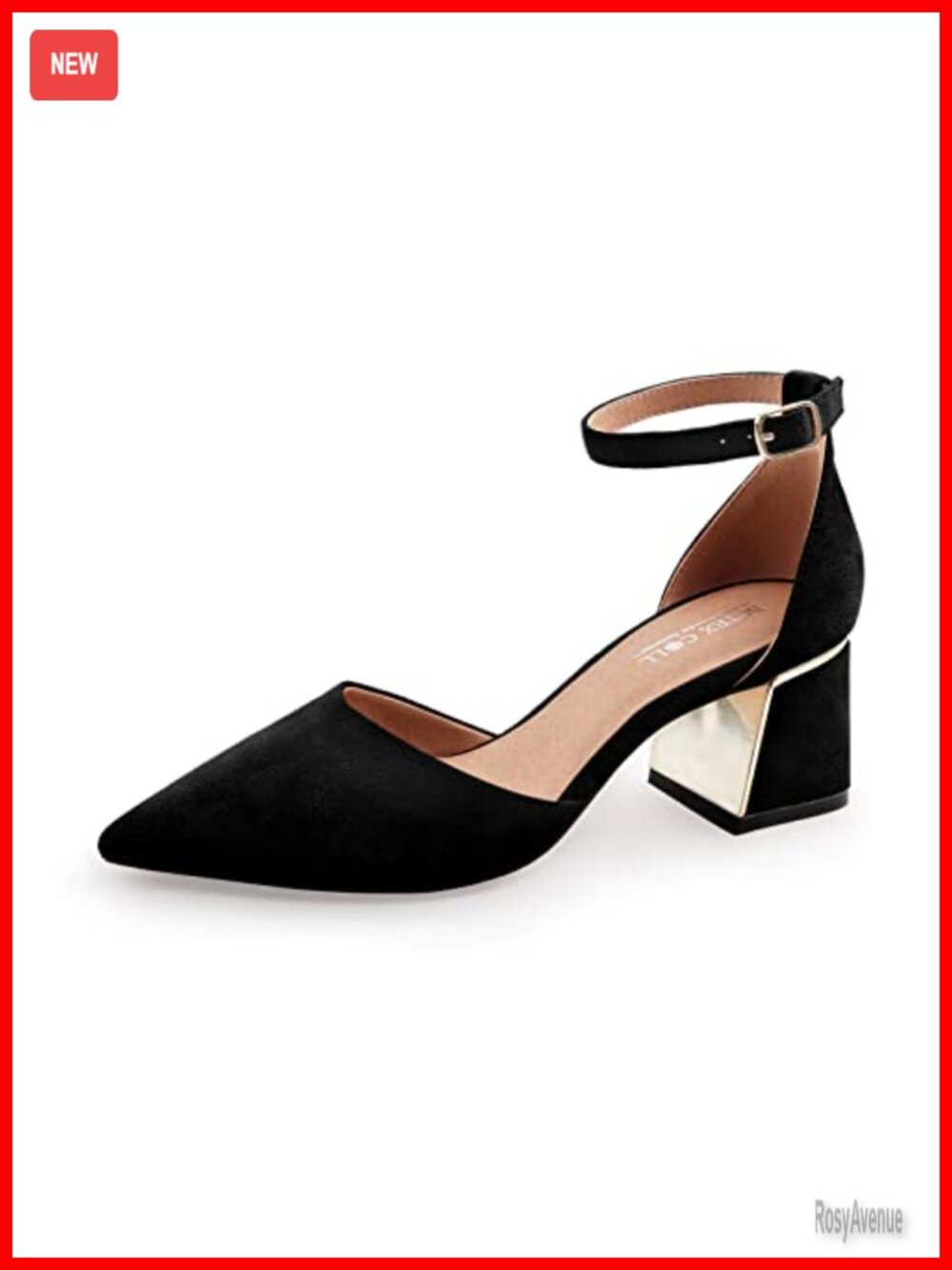Pointed Toe Ankle Strap Chunky Low Heel Pumps 2.3 Inch Memory Foam Insole